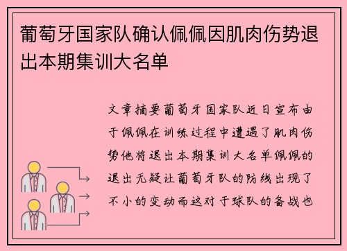 葡萄牙国家队确认佩佩因肌肉伤势退出本期集训大名单 葡萄牙国家队确认佩佩因肌肉伤势退出本期集训大名单